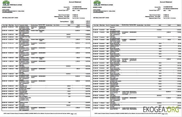 Modèle Word et PDF de relevé de compte bancaire MCB du Pakistan, 2 pages